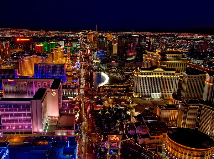 las vegas casino strip night aerial view