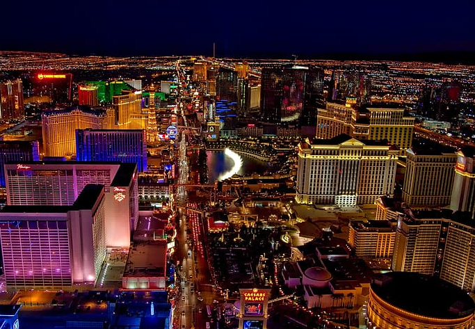 las vegas casino strip night aerial view